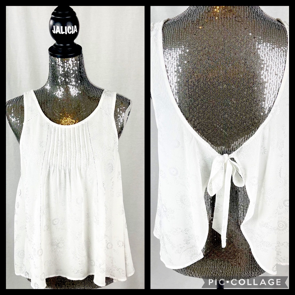 White Open Back Top With Silver Print And Bow